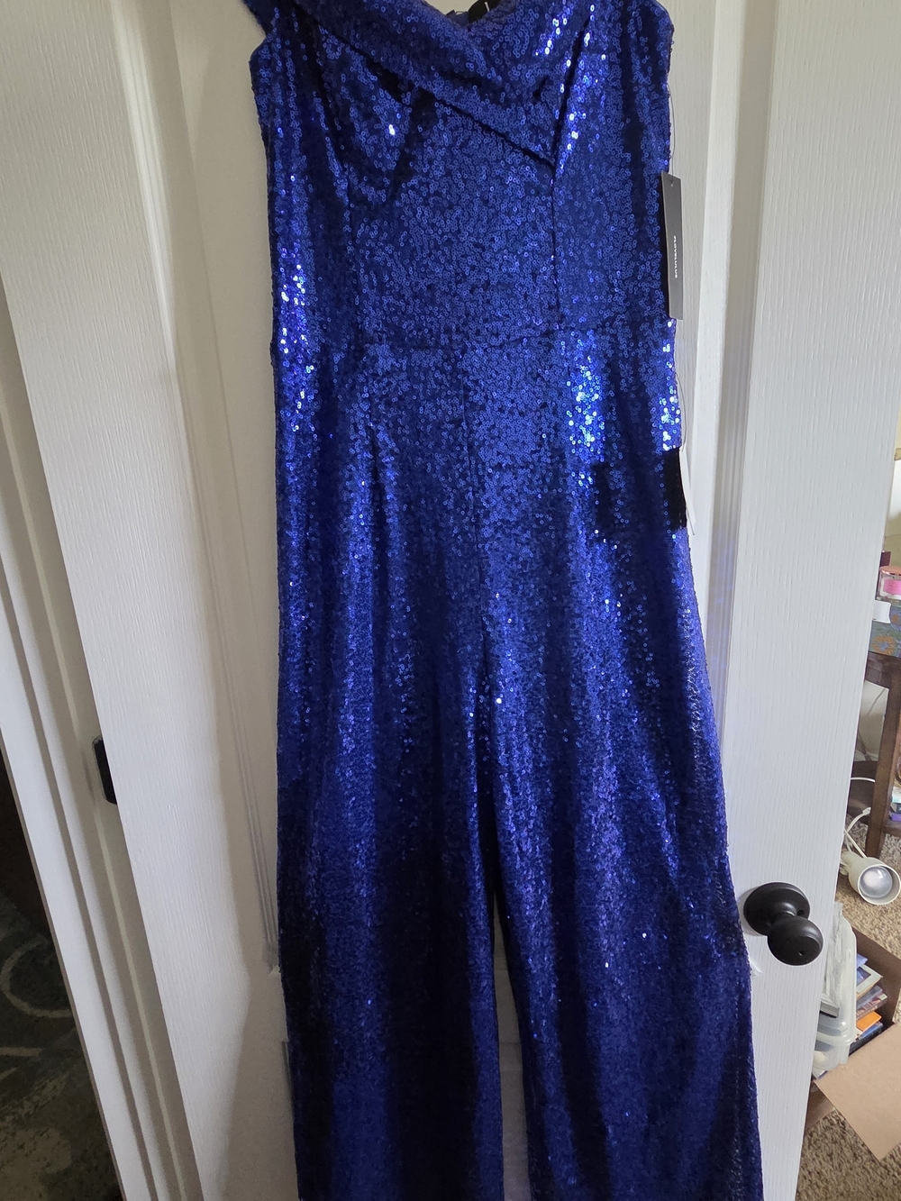 Lulu's Cobalt Sequin One-Shoulder Wide-Leg Jumpsuit
